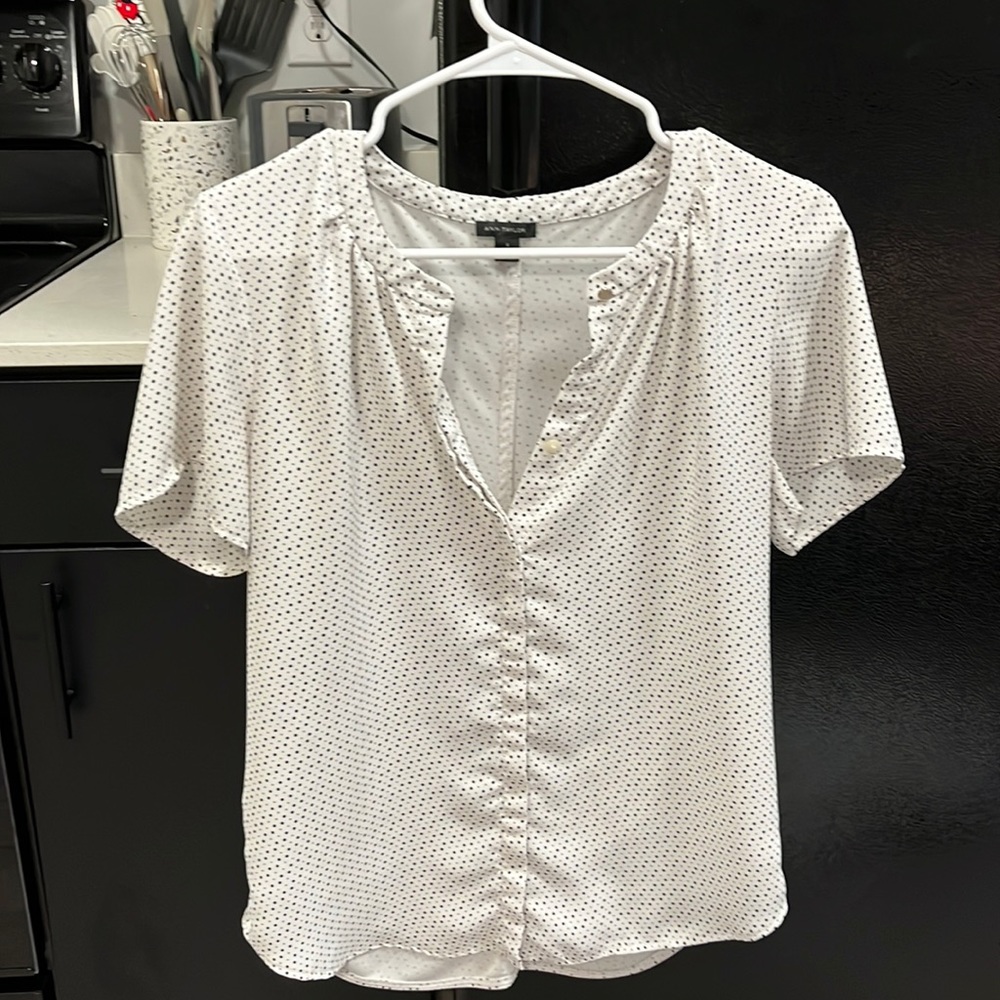 Anne Taylor white and black polka dot blouse